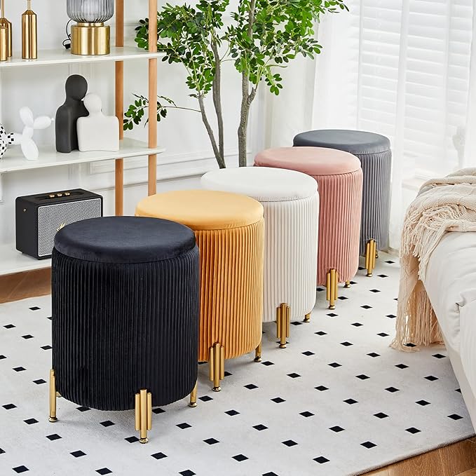 Mxfurhawa Round Ottoman Foot Stool with Storage and Metal Legs for Living Room Bedroom, Velvet Upholstered Footrest Stool Support 300lbs Modern Padded Seat Ottoman Coffee Table (Cream)