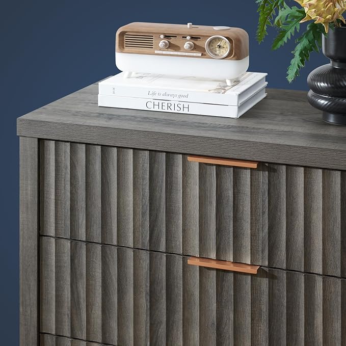 5 Drawers Dresser for Bedroom, 44 Inches Tall Modern Bedroom Dressers, Chest of Drawers for Bedroom, Fluted Dresser for Closet Organizer for Living Room, Hallway, Entryway (Midnight Oak, 3 Pieces)