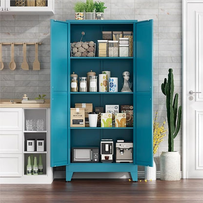 Farmhouse Pantry Cabinet with Barn Doors,61" H x 27.5" W,Metal Cabinet with Adjustable Shelves,4-Tier Storage Cabinet for Kitchen Dining Room Garage,Blue