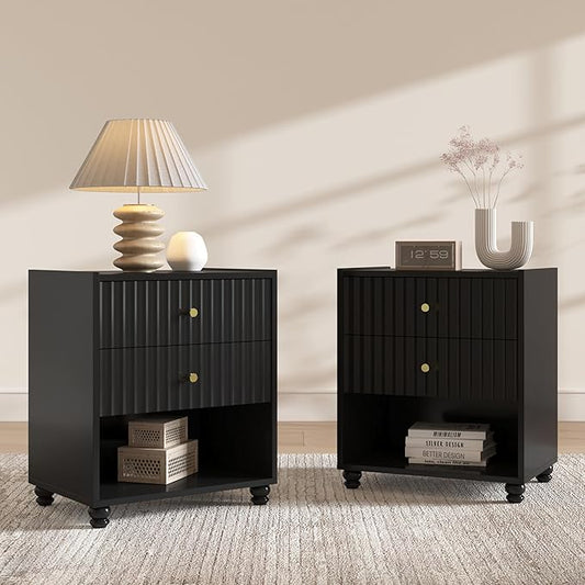 Modern Nightstand, Fluted End Table with 2 Drawers, Nightstand with Open Shelf for Bedroom (2, Black)