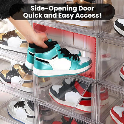 NYZE 12 Pack Acrylic Shoe Boxes Side Open, Clear Shoe Box Plastic Stackable, Shoe Storage Organizer with Magnetic Door, Shoe Display Shoe Containers with Lids Fits Up to Size 15