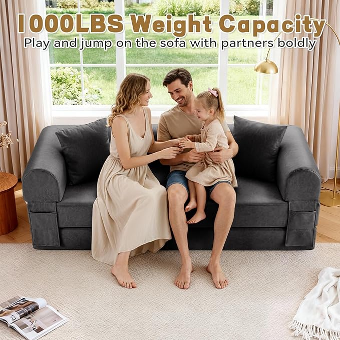 Convertible Folding Sofa Bed,78.5 Inch Faux Leather Futon Couch with Pillows & Storage Pocket,5-in-1 Queen Sleeper Sofa in a Box with Pull Out Bed,Boneless Couch for Living Room Bedroom,Gray