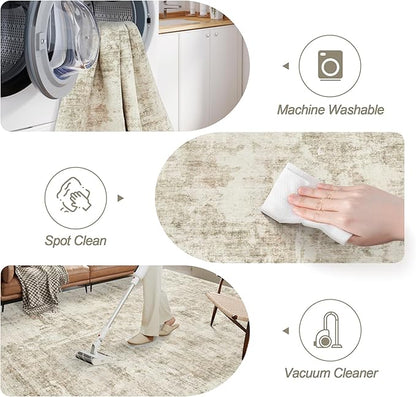 10x14 Area Rugs for Living Room, Non Slip Machine Washable Vintage Carpets, Low Pile Lightweight Large Rug for Bedroom, Dining Room, Home Office Beige Gray