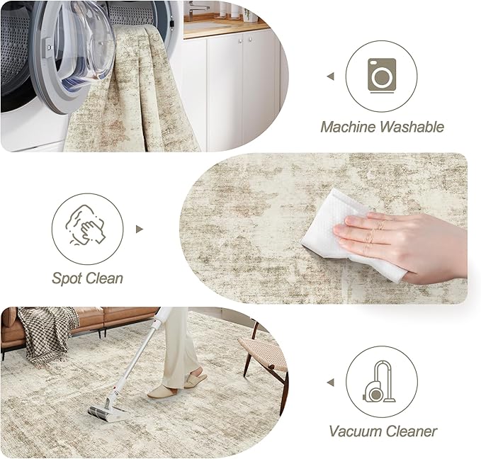 Abstract Rug 5x7 Machine Washable Area Indoor Beige Gray White Low Pile Non-Slip Foldable Thin Accent Rugs for Bedroom Living Room Dining Room Grey