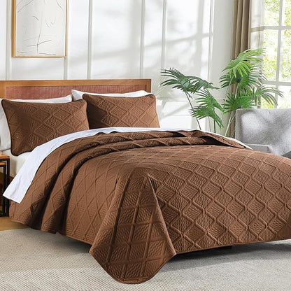 Yiran Brown Quilt Set King Size, 3 Piece Reversible Bedspreads Bedding Set, Winter Diamond Pattern Coverlet for All Season with 2 Pillow Shams (King, 106x96 Inch)