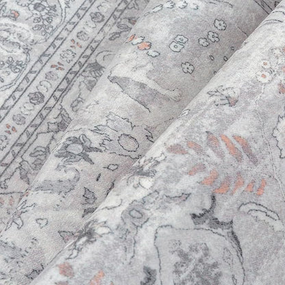 Grey 6x9 Area Rug Washable Vintage Carpet for Living Room Bedroom Large Soft Retro Floral Low Pile Thin Indoor Rug Non Slip Central Medallion Floor Cover for Dining Room Office