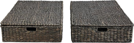 happimess BSK2015C-SET2 Holden 30" Classic Costal Hand-Woven Hyacinth Wicker Under Bed Storage Basket with for Storage and Decoration in Bathroom, Bedroom, Closet, Entryway, Black (Set of 2)