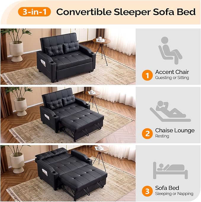 VINGLI Black Futon Sofa Bed Convertible Loveseat Sleeper Couch, Faux Leather Pullout Sofa Fold Out Couch Bed with USB Ports, Cup Holders, Armrest for Living Room, Bedroom Apartment Room