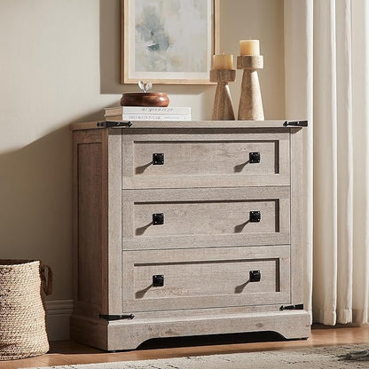 T4TREAM 32" Farmhouse Nightstand with Charging Station, Large End Table with 3 Storage Drawers, Rustic Wood Bedside Table for Bedroom, Living Room, Light Rustic Oak