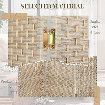 HOMCOM 3 Panel Room Divider, 6' Tall Folding Privacy Screen, Hand-Woven Freestanding Wall Partition for Home Office, Bedroom, Washed Oak