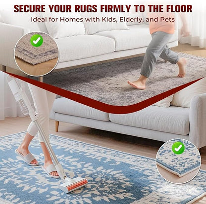 12PC Carpet Tape Double Sided, Heavy Duty Rug Tape for Hardwood Floors, Non-Slip Carpet Adhesive Tape for Area Rugs, Strong Grip
