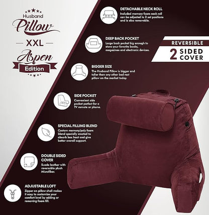Husband Pillow XXL Aspen Edition, Adult Reading Sit Up Bed Rest Pillow for Bed with Arms & Neck Roll on Bungee Cord, Premium Memory Foam, Reversible 2 Sided Cover Micro Suede or Plush, Arizona Maroon