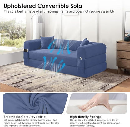 80" Convertible Sofa Bed, Corduroy Deep Seat Folding Pull Out Couch with Pillows, No Assembly Modern Boneless Couch Compression Sofa in Box, Floor Sofa with Storage Pocket,Dark Smog Blue