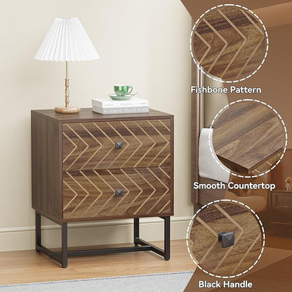 Modern Nightstand with Two Storable Drawers,Sturdy Bedside Table Space-Saving Night Stand with Black Metal Legs for Bedroom,Walnut