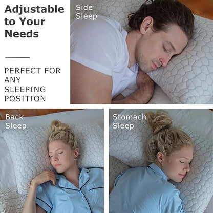 Pharmedoc Adjustable Shredded Memory Foam Bed Pillow - Perfect for Side Sleeper - Rectangular - Neck Support for Pain Relief - Queen Size - Extra Filling Pack