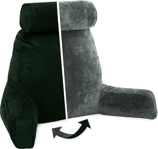 Husband Pillow XXL Aspen Edition, Adult Reading Sit Up Bed Rest Pillow for Bed with Arms & Neck Roll on Bungee Cord - Premium Memory Foam, Reversible 2 Sided Cover Micro Suede or Plush, Ramona Green