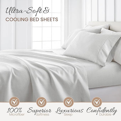 Linen Market Double-Brushed Patterned Microfiber King Sheet Set 4 Piece – Oeko-TEX Certified Ultra Soft & Wrinkle-Free - 16" Deep Pocket Sheets - Easy Care King Size - Puffed Chevron Light Gray