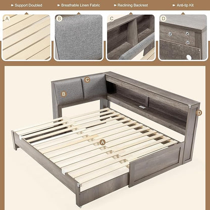 Corner Bed Frame with Trundle and Bookcase Upholstered Headboard, 3-in-1 Twin Size Wood Daybed with Extendable Bed, LED Lights and Charging Station, for Bedroom, Guest Room, Grey