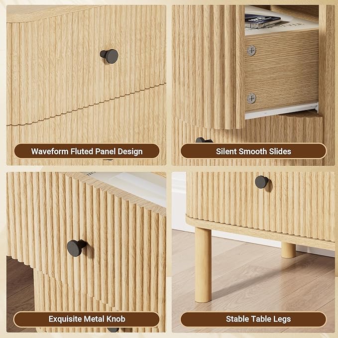 Night Stand with Charging Station, 24" Large Fluted Nightstand with Rounded Corners & Solid Wood Legs, 2 Drawers End Table, Mid Century Modern Bedside Table for Bedroom, Natural Oak
