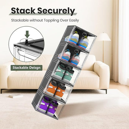 Thicken Hard Clear Shoe Storage Organizer for Closet, 10 Pack Modular Plastic Stackable Shoe Storage Box Organizer, Shoe Sneaker Rack Display Case Containers Bins with Lids, Black Clear