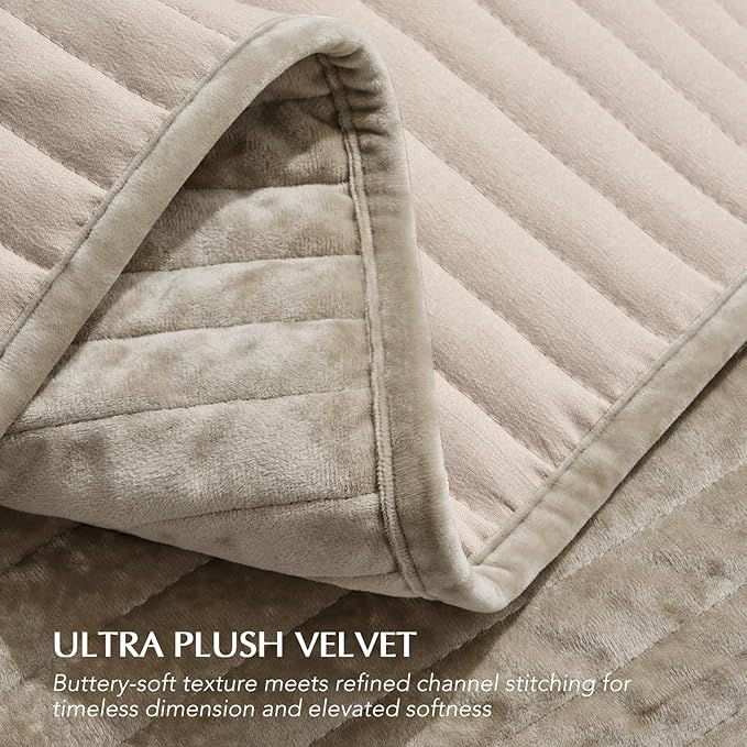 EVERGRACE Velvet Quilt Set Queen Size, Luxurious Soft Striped Channel Bedding Set, Lightweight Velvet Comforter for All Season, Oversized Bedspread Coverlet with 2 Matching Shams, Sand Dune