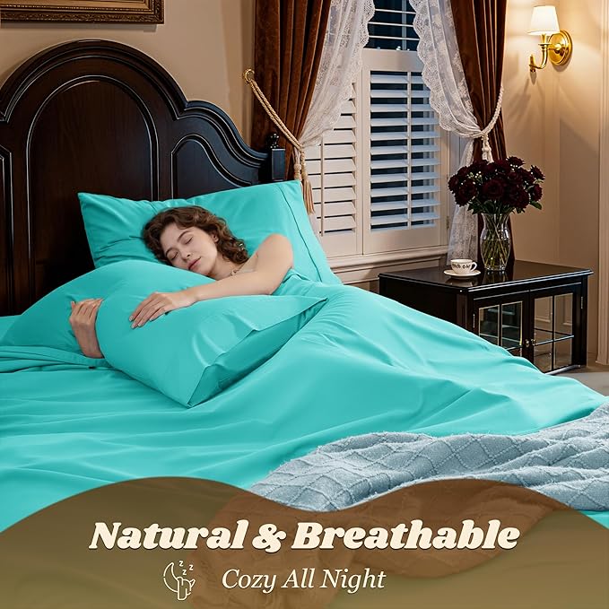 LBRO2M 1000 Thread Count 100% Cotton Sheets Set,King Size Bed Sheet 4 Piece Sets,Long Staple,16 Inches Deep Pocket,All Season,Bedding Super Soft Comforterble Breathable,Sateen(Lake Green)