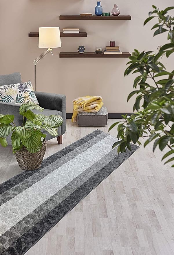 Custom Length Hallway Runner Rug,Slip Resistant,Flower Grey, 26 Inch X 10 feet, Sold and Priced Per Foot