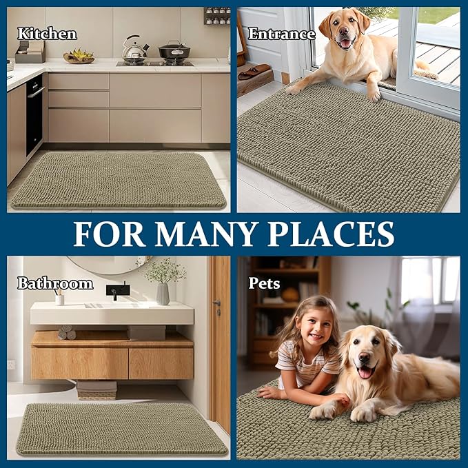OLANLY Dog Door Mat for Muddy Paws 30x20, Absorbs Moisture and Dirt, Absorbent Non-Slip Washable Doormat, Quick Dry Chenille Mud Mat, Entry Indoor Entryway Carpet for Inside Floor, Warm Taupe
