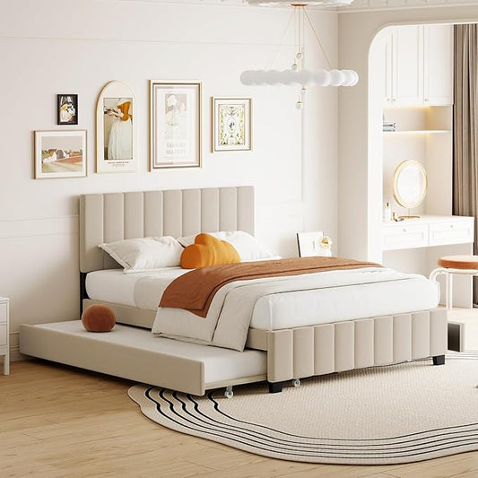 Queen Bed Frame with Trundle Bed,Velvet Upholstered Platform Bed Frame with Storage Drawers,Queen Size Trundle Bed with Headboard for Kids Teens Adults,Beige