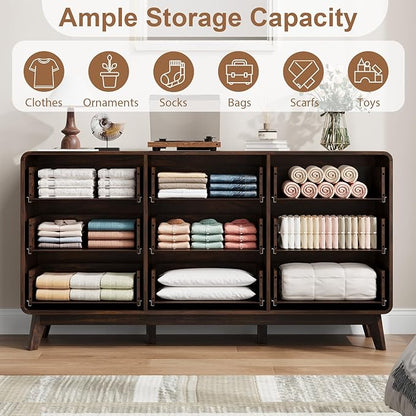 QUW Fluted 59.1" Wide Modern Dresser for Bedroom with 9 Drawers, Tall Chest of Drawers with Metal Handle, Wooden Dresser TV Stand, Hallway, Living Room, Dark Walnut