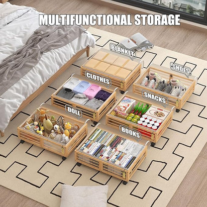Under Bed Storage Containers with Wheels, Larger Bamboo Wood Under Furniture Storage Containers with Dust Bags，Rolling for Shoes Clothes