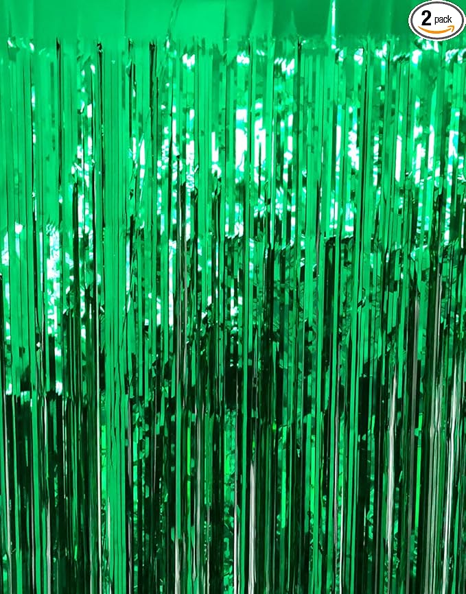 GOER 6.4 ft x 9.8 ft Metallic Tinsel Foil Fringe Curtains,Pack of 2 Party Streamer Backdrop for St. Patrick's Day,Birthday,Graduation,New Year Eve Decorations Christmas Wedding Decor (Green)