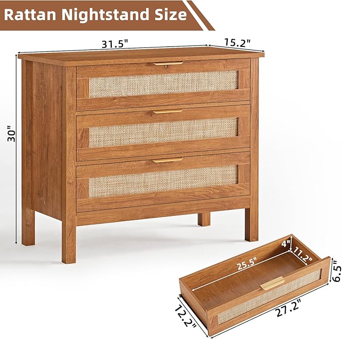 LEYAOYAO 31.5" Wide Rattan Nightstand, Large Boho 3 Drawer Night Stand, Tea Brown Bedside Table with Storage, Tall Bed Side End Tables, Chest of Drawers Dressers for Bedroom, Living Room, Hallway