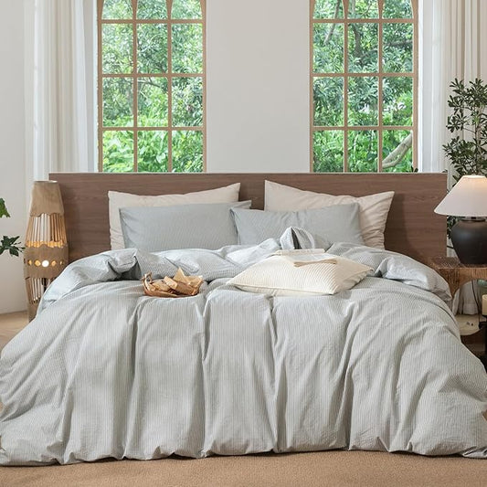 MooMee Striped Duvet Cover Set 100% Washed Cotton Linen Like Textured Breathable Durable Soft Comfy (Heathered Green Pinstripes, Super King Plus 120"x120")