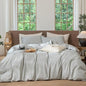 MooMee Striped Duvet Cover Set 100% Washed Cotton Linen Like Textured Breathable Durable Soft Comfy (Heathered Green Pinstripes, Palatial King/Oversized King 120"x98")