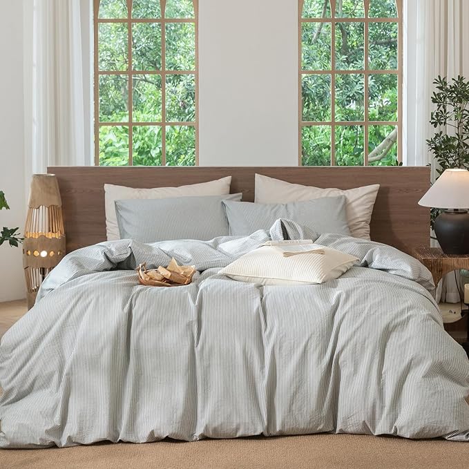 MooMee Striped Duvet Cover Set 100% Washed Cotton Linen Like Textured Breathable Durable Soft Comfy (Heathered Green Pinstripes, Twin 68"x90")