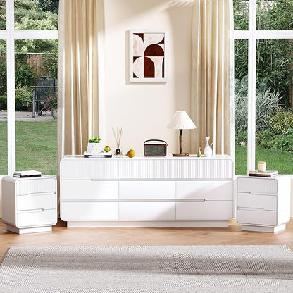 9 Drawer Dresser and 2 Nightstand Sets for Bedroom 3 Pcs Bedroom Set, Modern 57.9" Fluted Dresser with Invisible Handles Nightstand Charging Station, Bedroom Furniture Set for Living Room, White