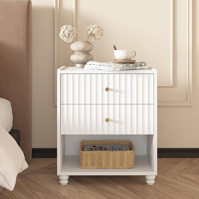 Modern Nightstand, Fluted End Table with 2 Drawers, Nightstand with Open Shelf for Bedroom (2, White)
