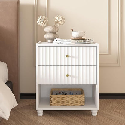 Modern Nightstand, Fluted End Table with 2 Drawers, Nightstand with Open Shelf for Bedroom (2, White)