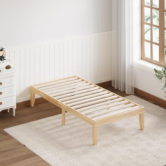 Giantex 14 Inch Twin Wood Platform Bed Frame, Minimalist Style Mattress Foundation with Solid Rubber Wood, Heavy Duty Slat Support, Without Headboard, Easy Assembly, No Box Spring Needed, Natural