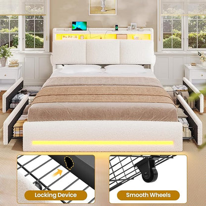 VIAGDO Queen Bed Frame with Storage Headboard and Charging Station, Boucle Upholstered Bed Frame Queen Size with 4 Drawers and LED Lights, Type C and USB, No Box Spring Needed, Cream White