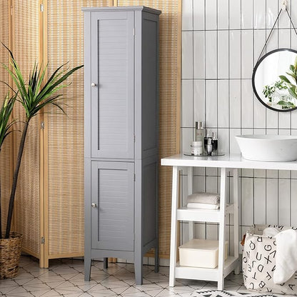 Tangkula Tall Bathroom Storage Cabinet, 5-Tier Wooden Freestanding Tower Cabinet Floor Organizer, Narrow Storage Floor Cabinet w/2 Doors & Shelves for Bathroom Living Room Kitchen (Grey)