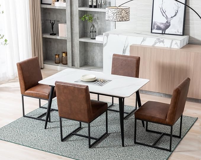 CIMOTA Modern Dining Chairs Set of 4, Leather Dining Room Chairs Upholstered Mid Century Armless Guest Side Chair with Black Base for Dining Room/Kitchen, Vintage Brown 4PCS