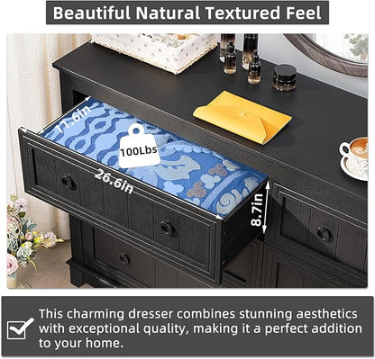 Bedroom Dresser and Nightstand Sets 4 Piece, Farmhouse 6 Drawers Dresser & 40.5" Tall Chest of Drawers, 18" Nightstands Set of 2, 54" Wide Furniture Dressers for Bedroom, Living Room, Black