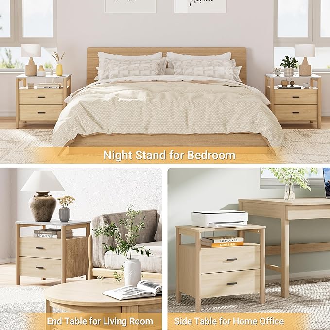 FavourLife Night Stand, 23" Wide Nightstand, Modern Large Nightstand with Charging Station & Faux Marble Top, 2 Drawer End Table with Solid Round Post Legs, Bedside Table for Bedroom, Natural Oak