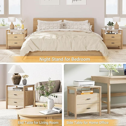 FavourLife Night Stand, 23" Wide Nightstand, Modern Large Nightstand with Charging Station & Faux Marble Top, 2 Drawer End Table with Solid Round Post Legs, Bedside Table for Bedroom, Natural Oak