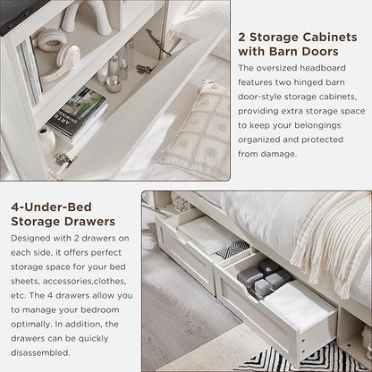 ACCOHOHO Full Bed Frame with 52" Tall Headboard and 4 Drawers,LED Light,Charging Station,Solid Wood Slats Support,No Box Spring Needed,White