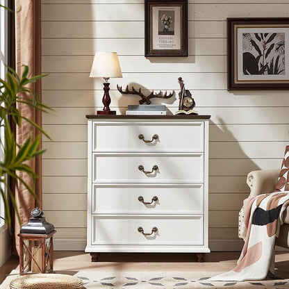 Farmhouse 4 Drawer Dresser Set of 2 for Bedroom, 37" Tall Rustic Chests of Drawers w/ 4 Solid Wood Feet, Mid Century Vintage Wooden Closet Storage Dressers Organizer for Living Room, White