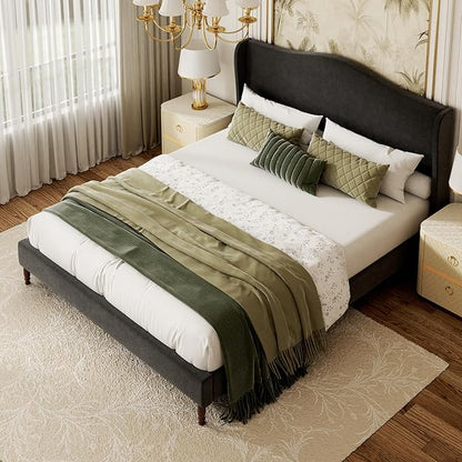 Full Size Upholstered Platform Bed Frame, 51" Tall Chenille Fabric Headboard with Classic Curved Wingback Design, Vintage Solid Wood Legs, No Box Spring Needed, Easy Assembly & Noise-Free, Black