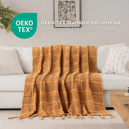Boho Knitted Chenille Blanket with Tassels - Lightweight & Soft All-Season Throw - 3D Classic Pattern for Living Room Bedroom Couch, Amber Brown, Queen 90"x90"